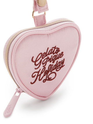 Gelato Pique Heart Mini Pouch with embroidered 'Holiday' logo, ideal for carrying small items like coins, earbuds, or keys.