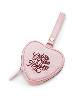 Pink heart-shaped mini pouch with 'Gelato Pique Holiday' embroidery, perfect for carrying small items like coins or earbuds.