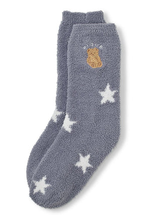 Star Jacquard Bear Lounge Socks with bear embroidery and white stars on cozy, pastel fabric. Ideal for comfortable and cute lounging.