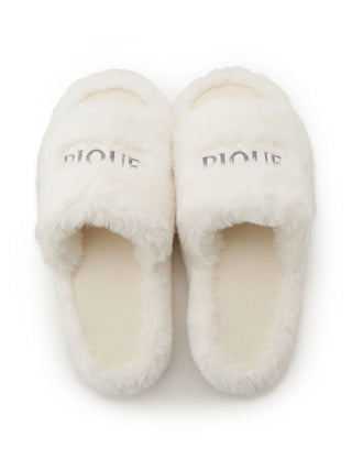 White eco-friendly faux fur fuzzy slippers with open-toe design and wide band, perfect for cozy lounging. Gelato Pique Eco Fur Slippers.