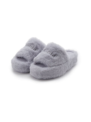 Gray eco-friendly faux fur fuzzy slippers with open-toe design and plush texture, perfect for comfort and style at home.