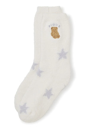 Star Jacquard Bear Lounge Socks with adorable bear embroidery and pink star motifs in pastel hue, cozy and stylish footwear.