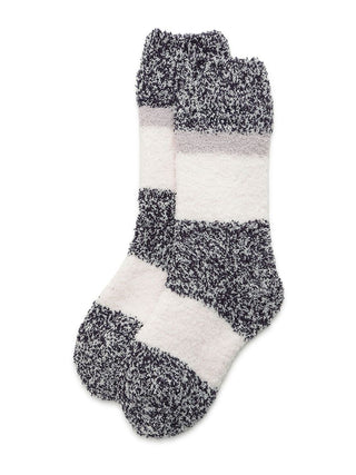 Powder Melange Striped Fuzzy Socks, black and white cozy socks with plush texture for warmth and comfort in colder seasons.