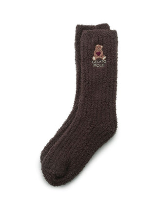 Dark brown ribbed socks with embroidered bear holding a heart from Gelato Pique's Baby Moco collection.