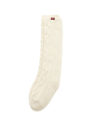 Heart Aran Long Socks in cream with classic cable-knit pattern, made from soft Baby Moco fabric, ideal for cozy winter loungewear.