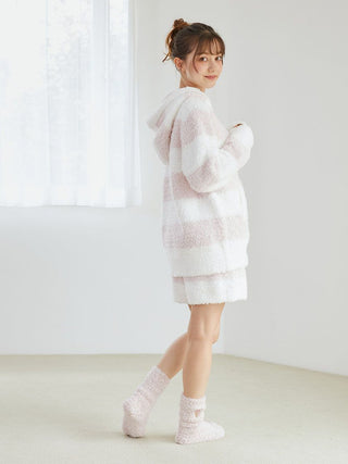 Model wearing Gelato 2 Border Lounge Shorts with matching plush hoodie, showcasing pastel two-tone border design, adds comfort and cuteness.