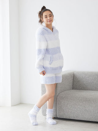 Cozy Gelato 3 Border Lounge Shorts in soft pink and white with matching hoodie and socks, perfect for stylish relaxation at home.