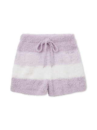 Fluffy pink and white Gelato 3 Border Lounge Shorts with a drawstring waist, featuring a cozy three-color design ideal for home relaxation.