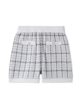 Back view of Gelato Pique Tweed-Like Lounge Shorts in classic plaid, cozy knit fabric with pocket detailing.