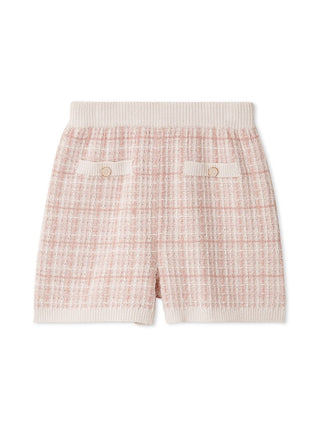 Tweed-Like Lounge Shorts with pastel plaid design, cozy knit fabric, and elegant style for homewear or casual outings.