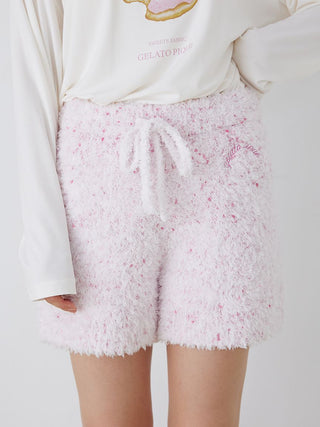 Cozy pink fuzzy lounge shorts with drawstring and speckled design from Gelato Pique, ideal for comfortable loungewear style.