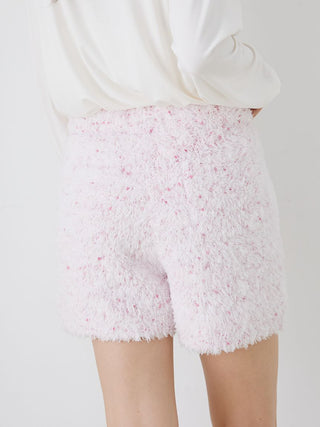 Back view of fuzzy lounge shorts with drawstring in pink and white speckled design, showcasing ultra-soft textured fabric.