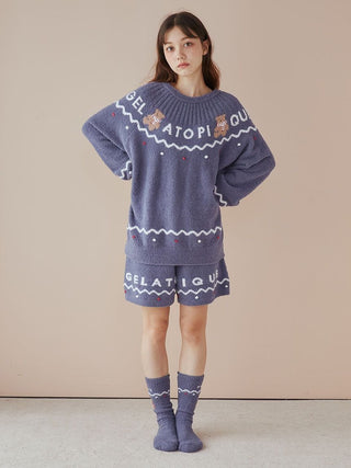 Model wearing Nordic Lounge Shorts set with festive Nordic design, featuring Gelato Pique lettering, cozy for colder months.