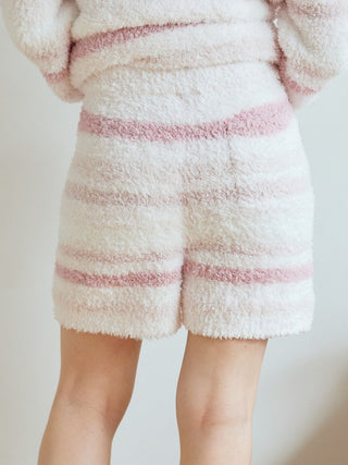 Fluffy Gelato Random Border Lounge Shorts in soft pink with cozy texture, featuring gradient stripes and casual waist embroidery.