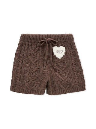 Heart Aran Lounge Shorts in brown Aran knit fabric with heart pattern, cozy and durable design by Gelato Pique USA.
