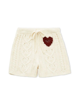 Heart Aran Lounge Shorts in cream with knitted texture and drawstring, featuring a red heart detail on the side. Cozy and stylish design.