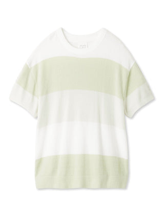 Smoothie Lite 3 striped short-sleeved pullover in light green and white, perfect for summer loungewear, featuring a boxy silhouette.