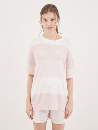 Woman wearing Smoothie Lite 3 Striped Short-Sleeved Pullover in sherbet-like colors, part of Smoothie Light Loungewear Series.