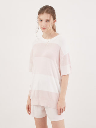 Smoothie Lite striped short-sleeved pullover in soft pink tones, featuring a boxy silhouette for summer comfort and style.