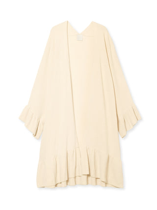 Mucha Long Loungewear Ruffled Cardigan in beige, inspired by Art Nouveau style for elegant loungewear fashion.