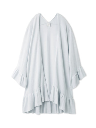 Mucha Long Loungewear Ruffled Cardigan in soft knit fabric inspired by Art Nouveau style, open front design, light gray color.