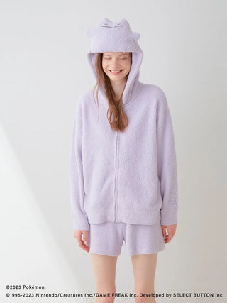 Person wearing Pokémon Sleep Baby Moco Ditto Hoodie & Shorts Set, featuring a soft lavender design and cute hood detail.