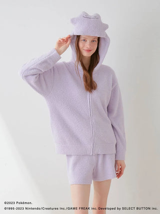 Model wearing Pokémon Sleep Baby Moco Ditto Hoodie & Shorts Set, featuring soft lavender fabric with Ditto face hood detail.