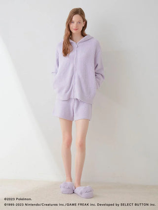 Model wearing Pokémon Sleep Baby Moco Ditto Hoodie & Shorts Set in lavender, showcasing cozy and stylish loungewear.