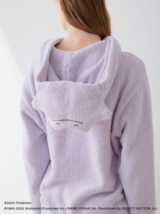 Back view of Pokémon Sleep Baby Moco Ditto Hoodie in lavender color with Ditto face on hood, cozy and soft texture.