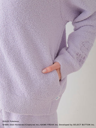 Lavender Baby Moco Ditto Hoodie & Shorts Set from Pokémon Sleep collection, showcasing cozy plush fabric with hand in pocket.