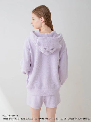 Girl wearing Pokémon Ditto hoodie and shorts set in lavender, back view, featuring cute hood design.