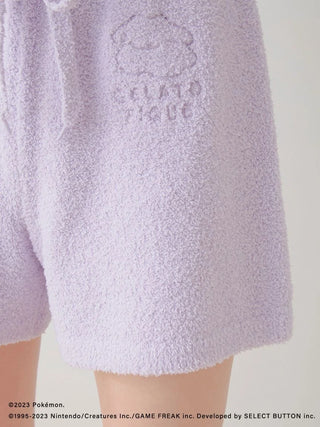 Lilac Pokémon Sleep Ditto shorts with embroidered design, part of Baby Moco hoodie and shorts set, cozy loungewear for fans.