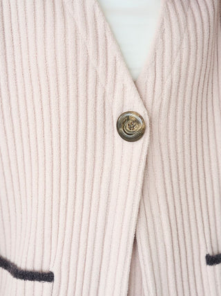 Air Moco smooth ribbed knit cardigan with deep V-neck and oversized button detail for a modern minimalist look.