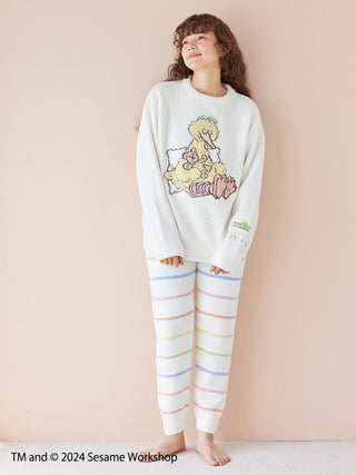 Woman wearing Sesame Street motif jacquard pullover and long pants set with soft Baby Moco fabric, featuring Big Bird design.