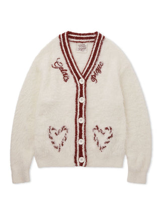 Feather Button Up Cardigan with festive charm, featuring soft feather-texture, contrasting ribbed trim, and heart embellishments.