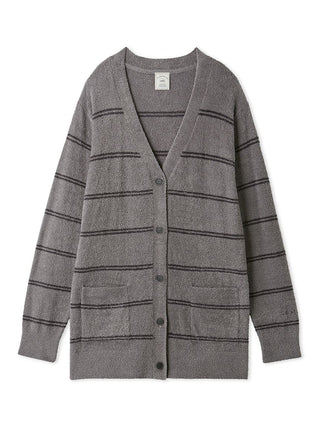 Gray Hot Smoothie Border Cardigan with stripes, featuring button closure and comfy fabric.