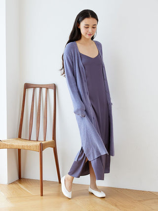 Woman wearing Hot Smoothie Ribbed Long Cardigan in a stylish loungewear setup, showcasing comfort and softness of Gelato Pique fabric.
