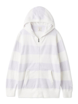 White and gray smooth striped zip-up hoodie with hood and pockets.