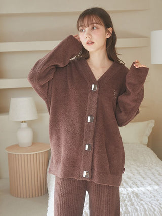 Model wearing Babymoco Chocolate Button-Up Cardigan, showcasing cozy style and softness from Gelato Pique USA.