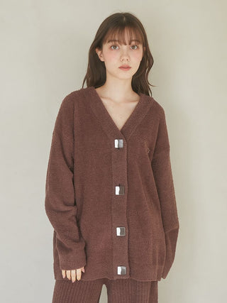 Model wearing Babymoco Chocolate Button-Up Cardigan, showcasing soft fabric and stylish design by Gelato Pique USA.