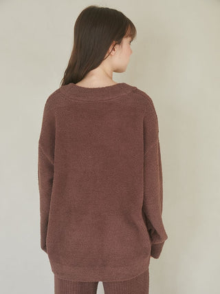 Woman wearing Babymoco Chocolate Button-Up Cardigan, back view, showcasing cozy and soft fabric ideal for chilly days, from Gelato Pique USA.