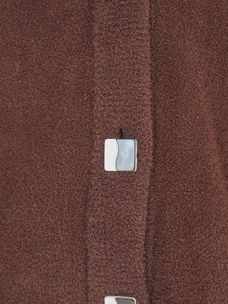 Close-up of Babymoco Chocolate Button-Up Cardigan in soft brown fabric highlighting button detail and texture.