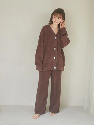Model wearing Babymoco Chocolate Button-Up Cardigan, showcasing its cozy style and softness, perfect for chilly days or home relaxation.