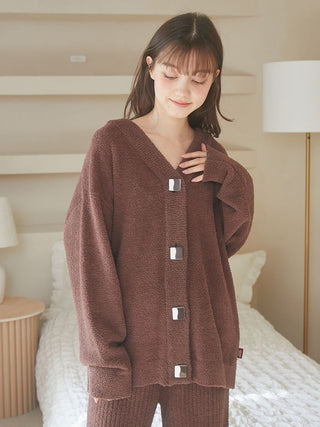 Woman wearing Babymoco Chocolate Button-Up Cardigan, ultra-soft and warm, perfect for cozy days, by Gelato Pique USA.