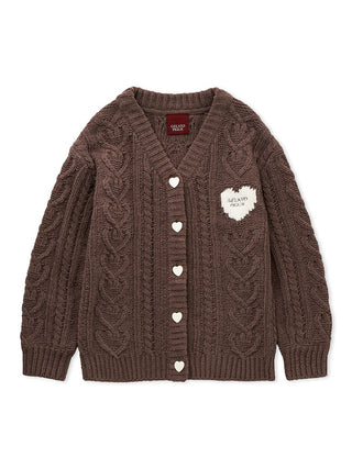 Heart Aran Cozy Cardigan featuring classic cable knit patterns and heart-shaped buttons, offering warmth and elegance from Gelato Pique USA.