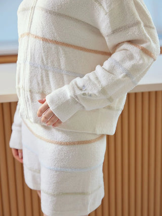 Smoothie Colorful Zip-Up Hoodie with subtle stripe pattern in neutral tones, showcasing cozy lounge fashion.
