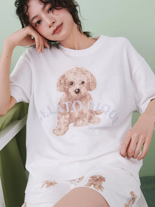 Woman wearing Gelato Pique USA Toy Poodle Relax Fit T-Shirt, premium loungewear and sleepwear, featuring a cute jacquard knit poodle design.