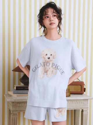 Model wearing 2025 Toy Poodle T-Shirt from Gelato Pique USA, showcasing premium loungewear and sleepwear with poodle design.