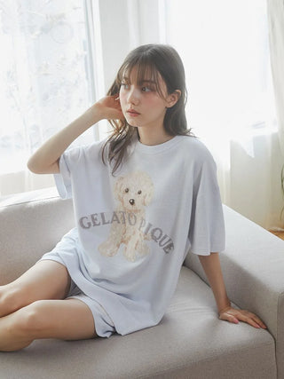Woman wearing 2025 Toy Poodle Relax Fit T-Shirt by Gelato Pique USA, premium loungewear and sleepwear with jacquard knit design.