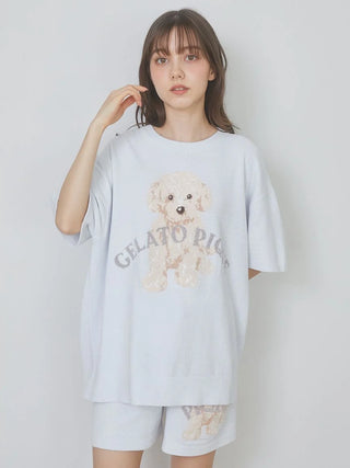 Woman wearing Gelato Pique USA Toy Poodle Relax Fit T-Shirt, premium loungewear, jacquard knit with poodle design, perfect for spring.